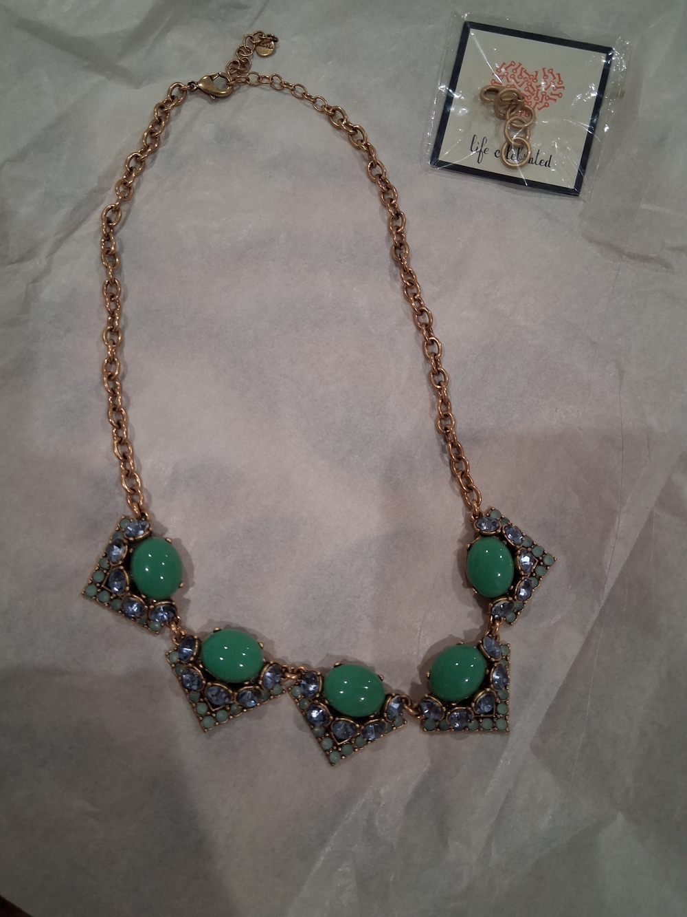Stella & Dot Gold-Tone Necklace with Green Cabochons and Blue Crystals